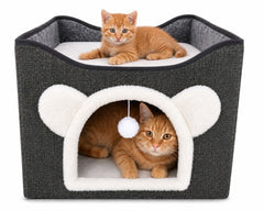 Căsuță pentru Pisici Goldie L 39x39x38 cm – Culcuș Confortabil cu Zonă de Joacă, Gri