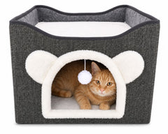 Căsuță pentru Pisici Goldie L 39x39x38 cm – Culcuș Confortabil cu Zonă de Joacă, Gri