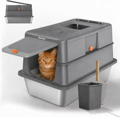 Litieră pentru Pisici Portocal 50L, Închisă cu Capac, 58 x 37 x 39 cm, Gri